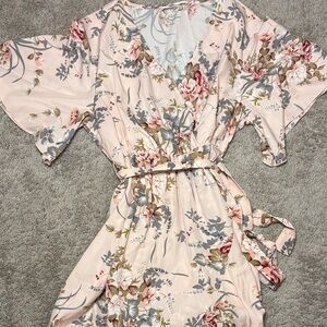 Blush Floral Wrap Robe with Tie Waist